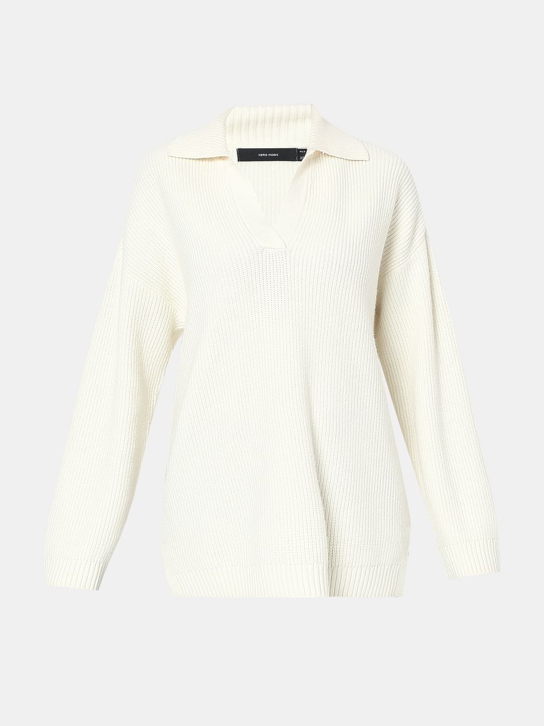 Beige V-Neck Long Pullover