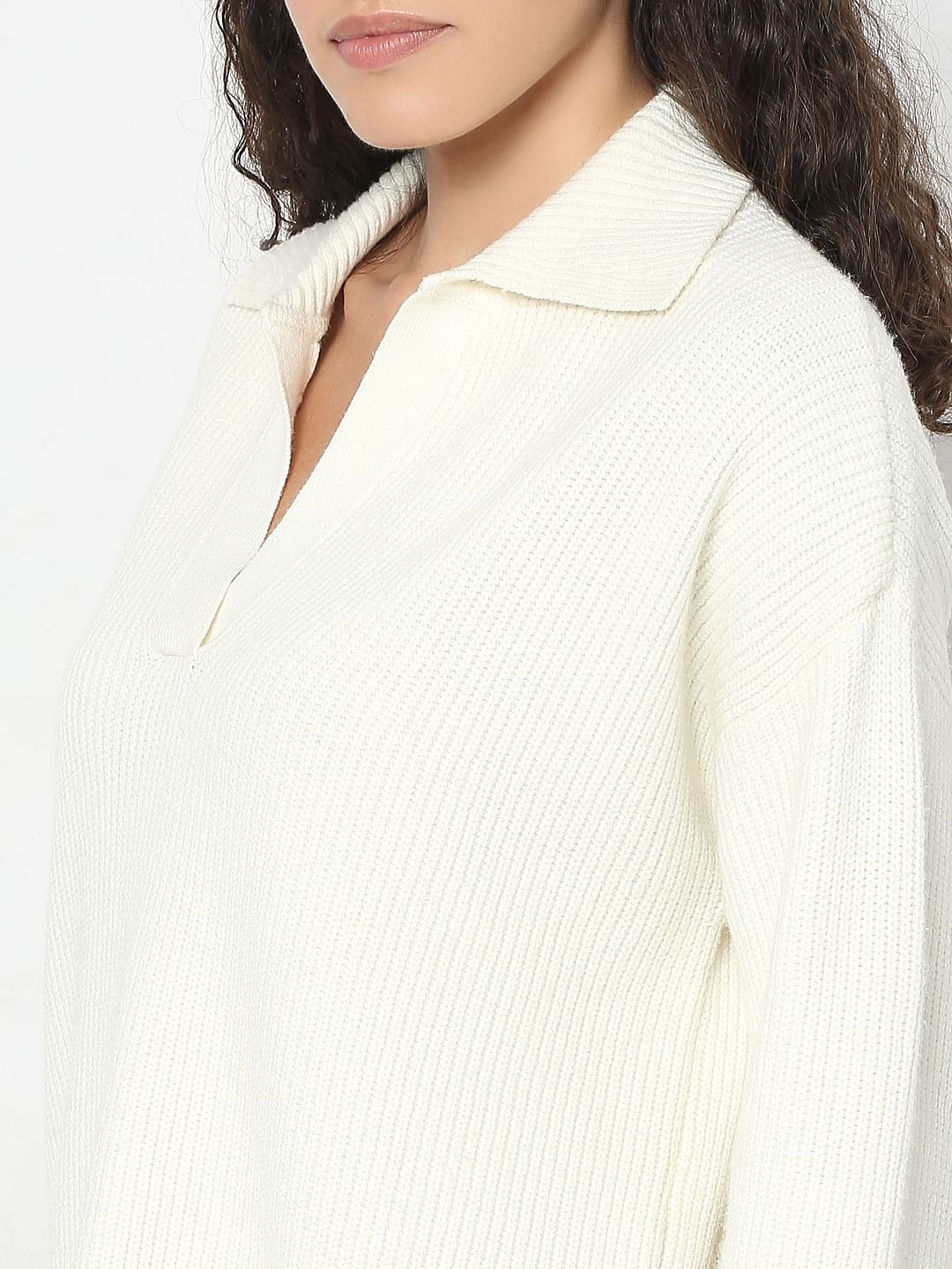 Beige V-Neck Long Pullover