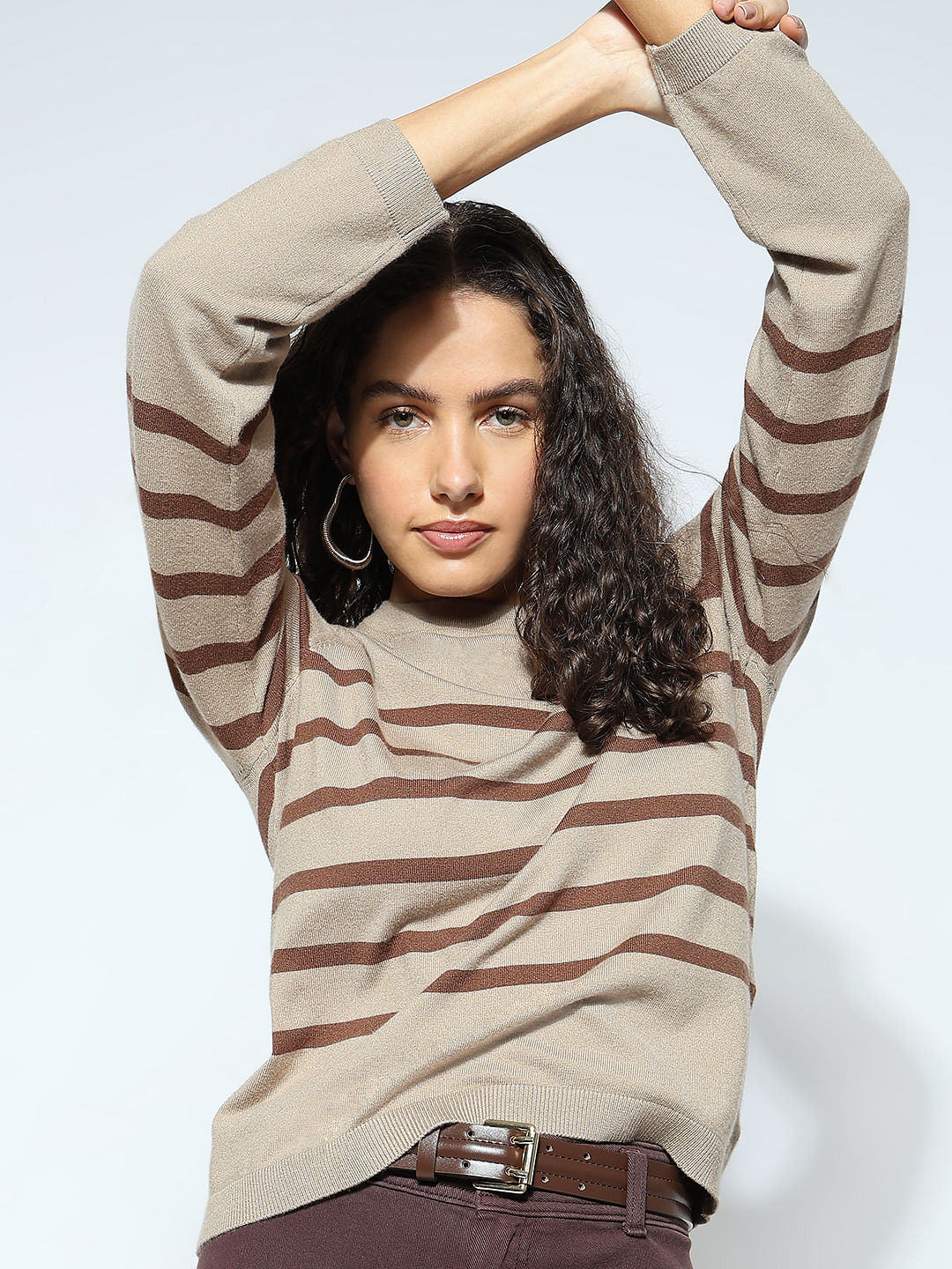 Beige Striped Flat Knit Pullover