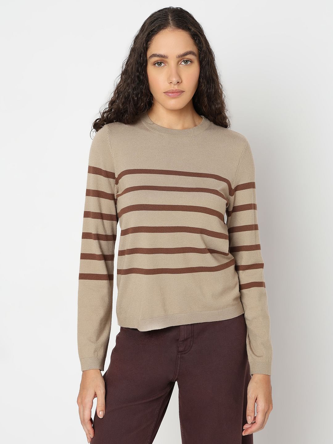 Beige Striped Flat Knit Pullover