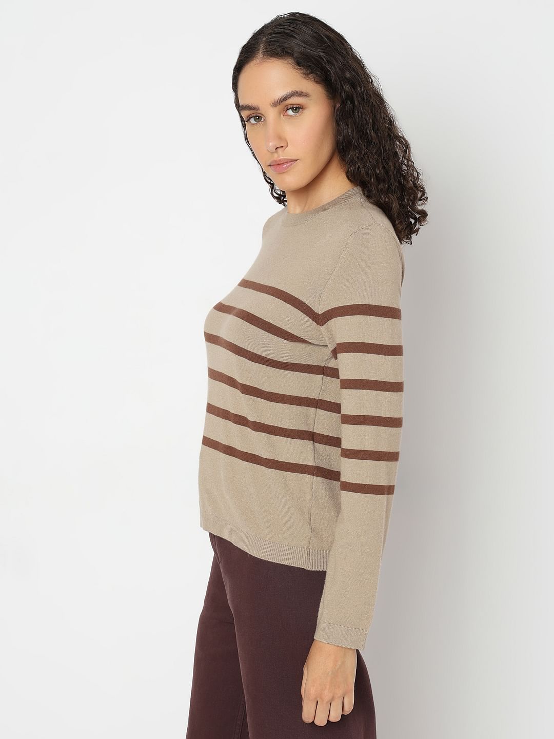 Beige Striped Flat Knit Pullover