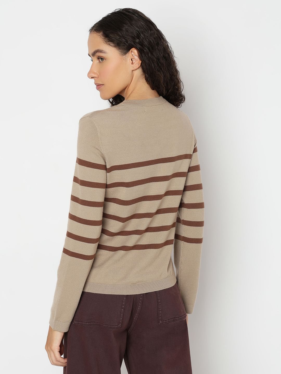 Beige Striped Flat Knit Pullover