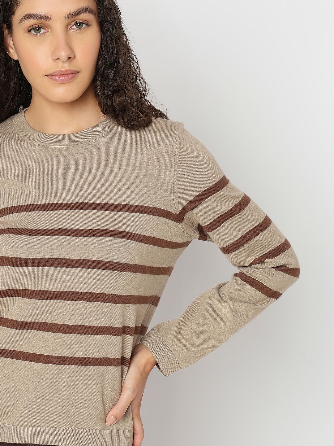 Beige Striped Flat Knit Pullover