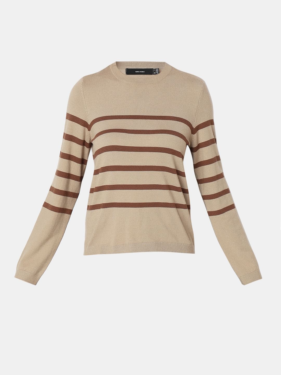 Beige Striped Flat Knit Pullover