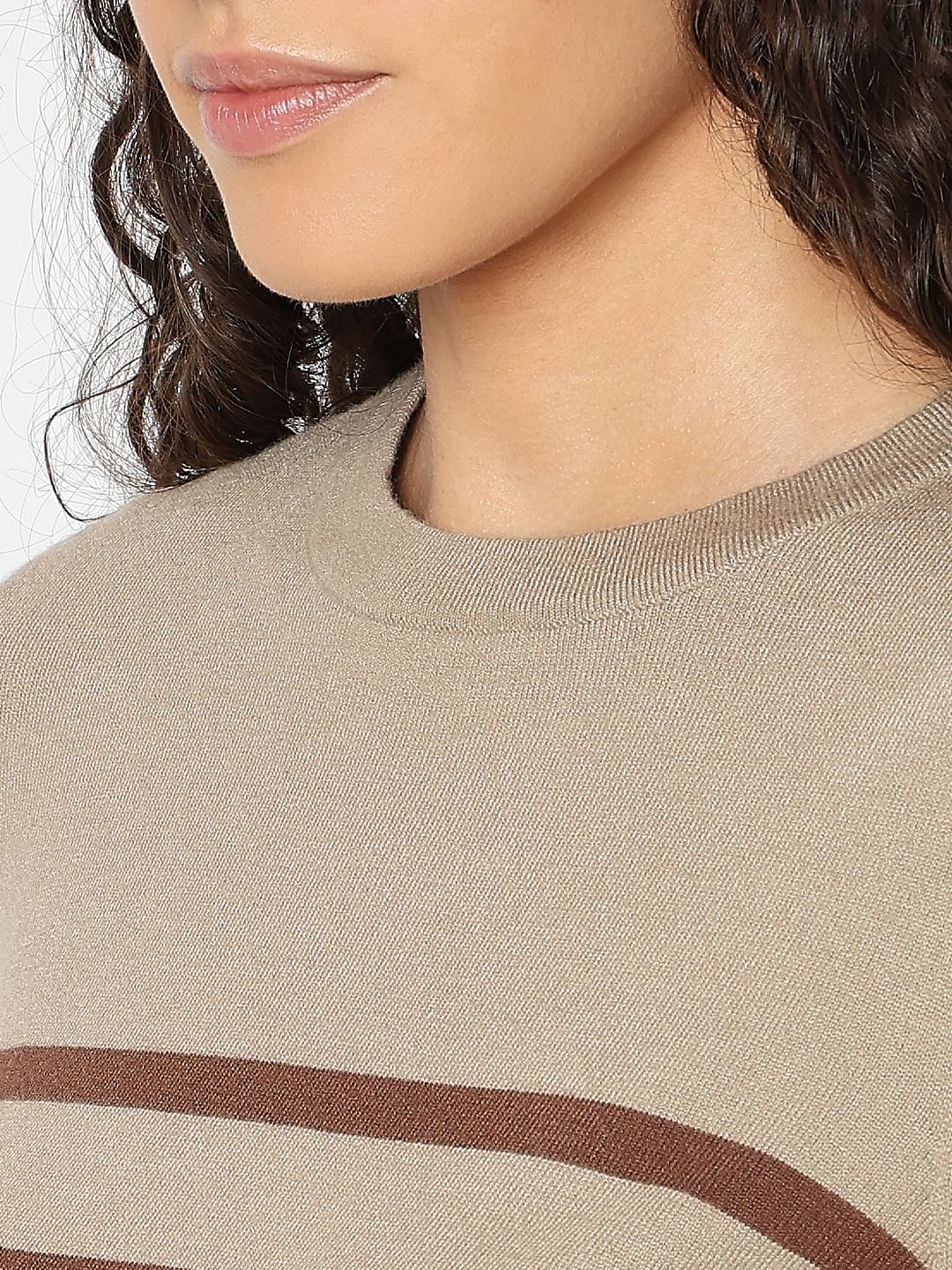 Beige Striped Flat Knit Pullover