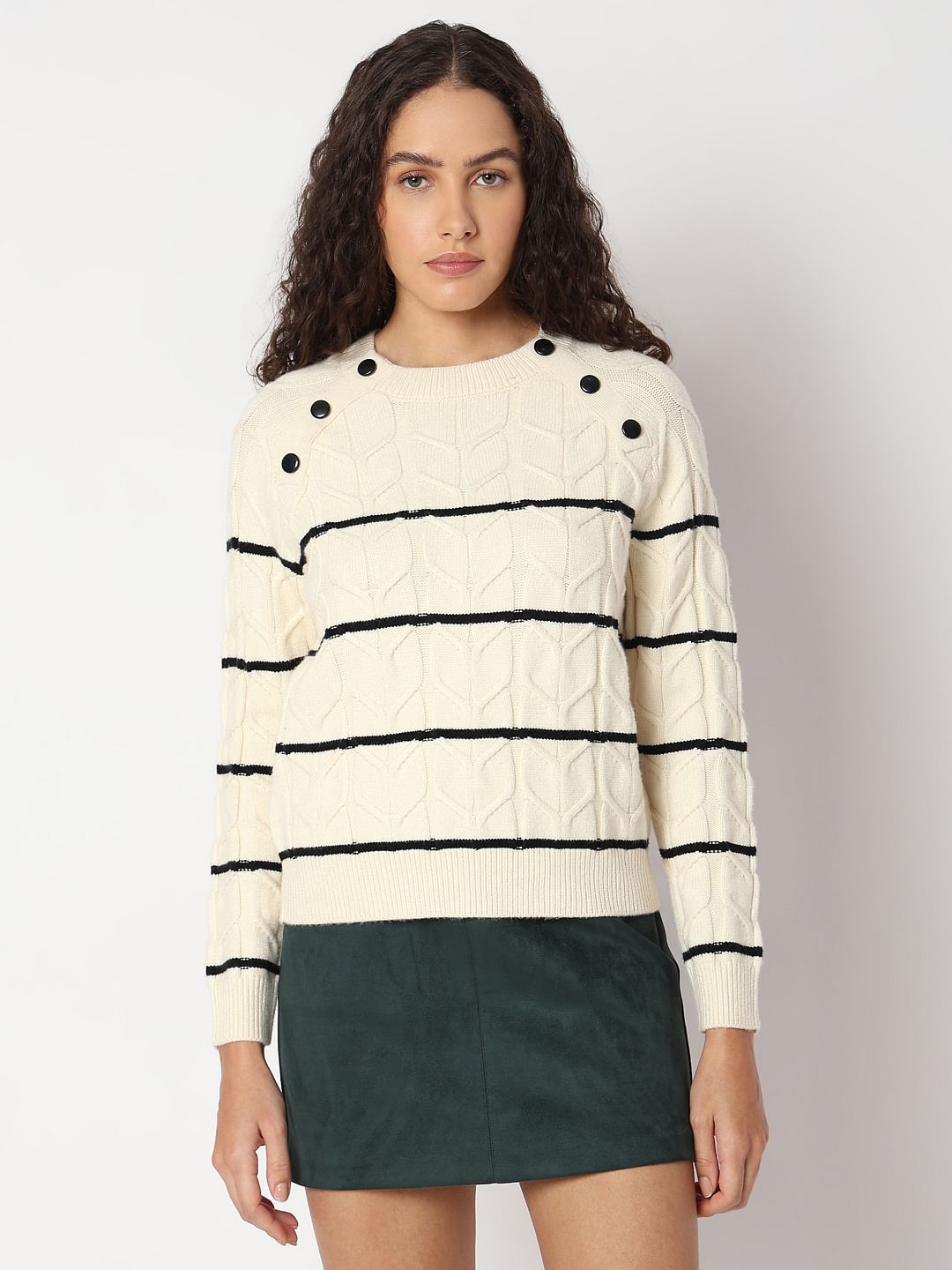 Ecru Raglan Striped Knitted Pullover