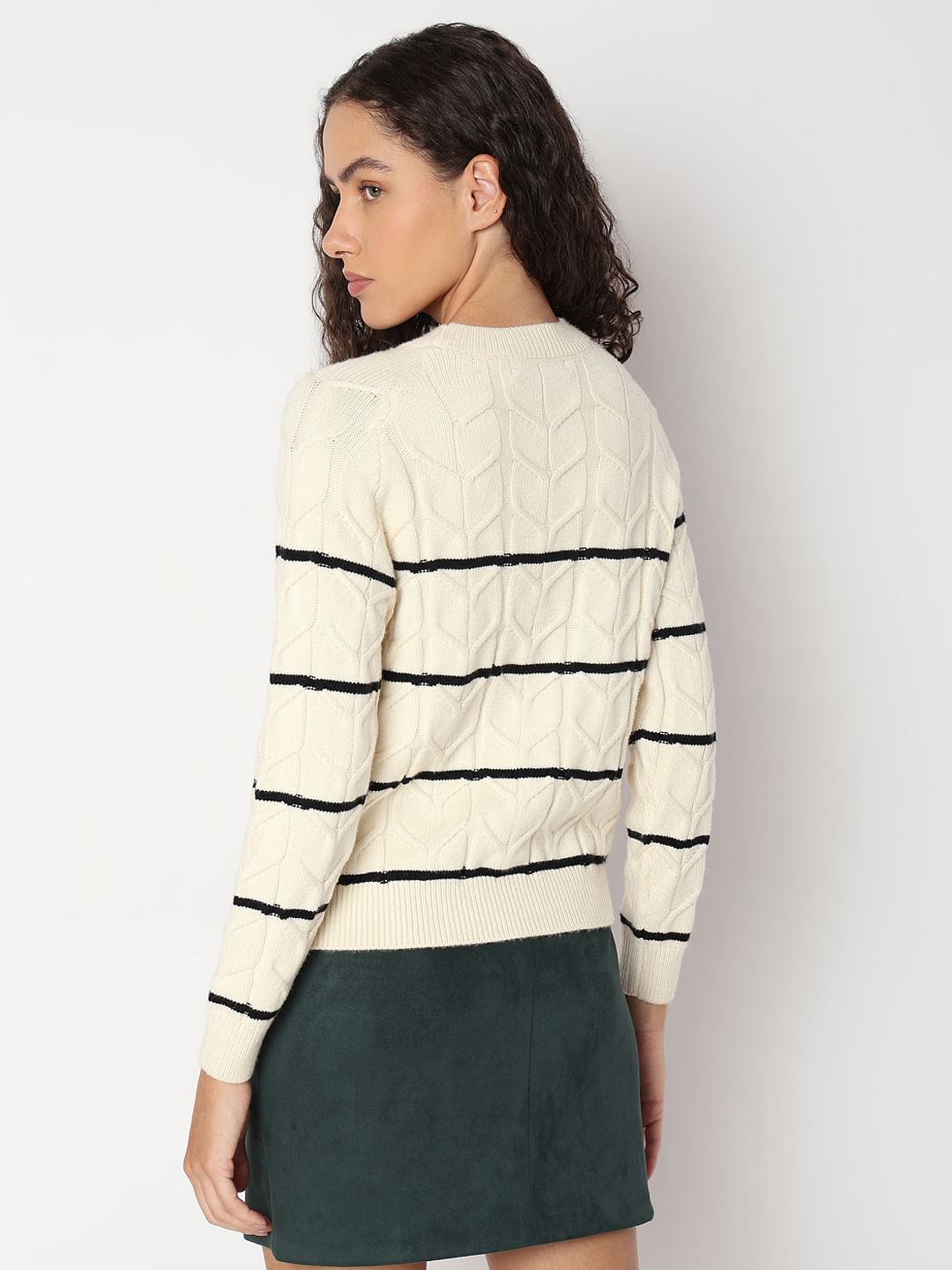 Ecru Raglan Striped Knitted Pullover