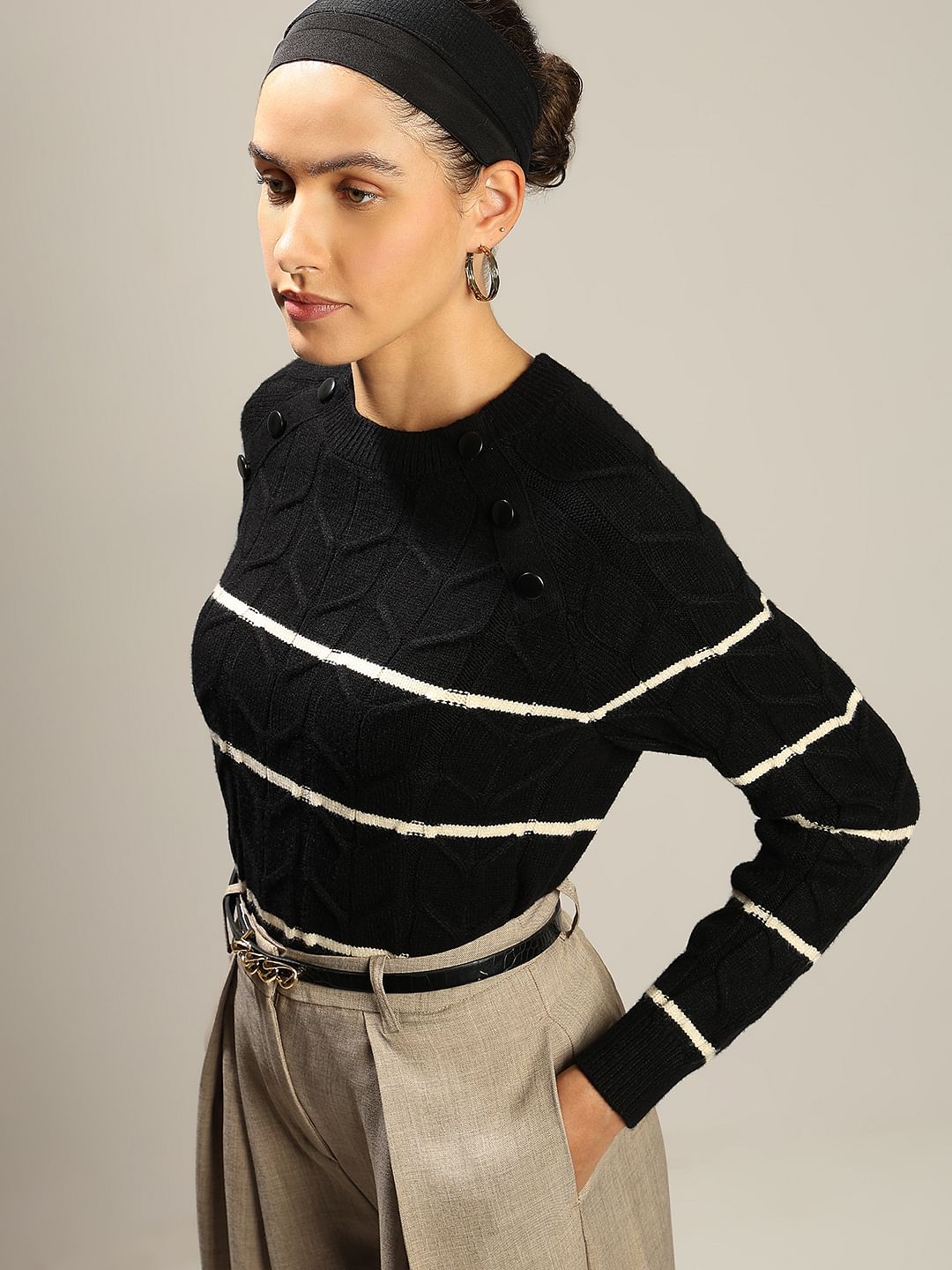Black Raglan Striped Knitted Pullover