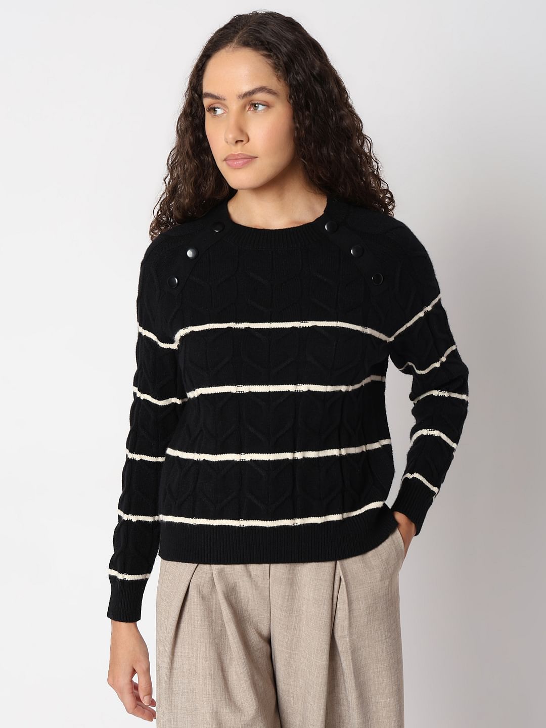 Black Raglan Striped Knitted Pullover