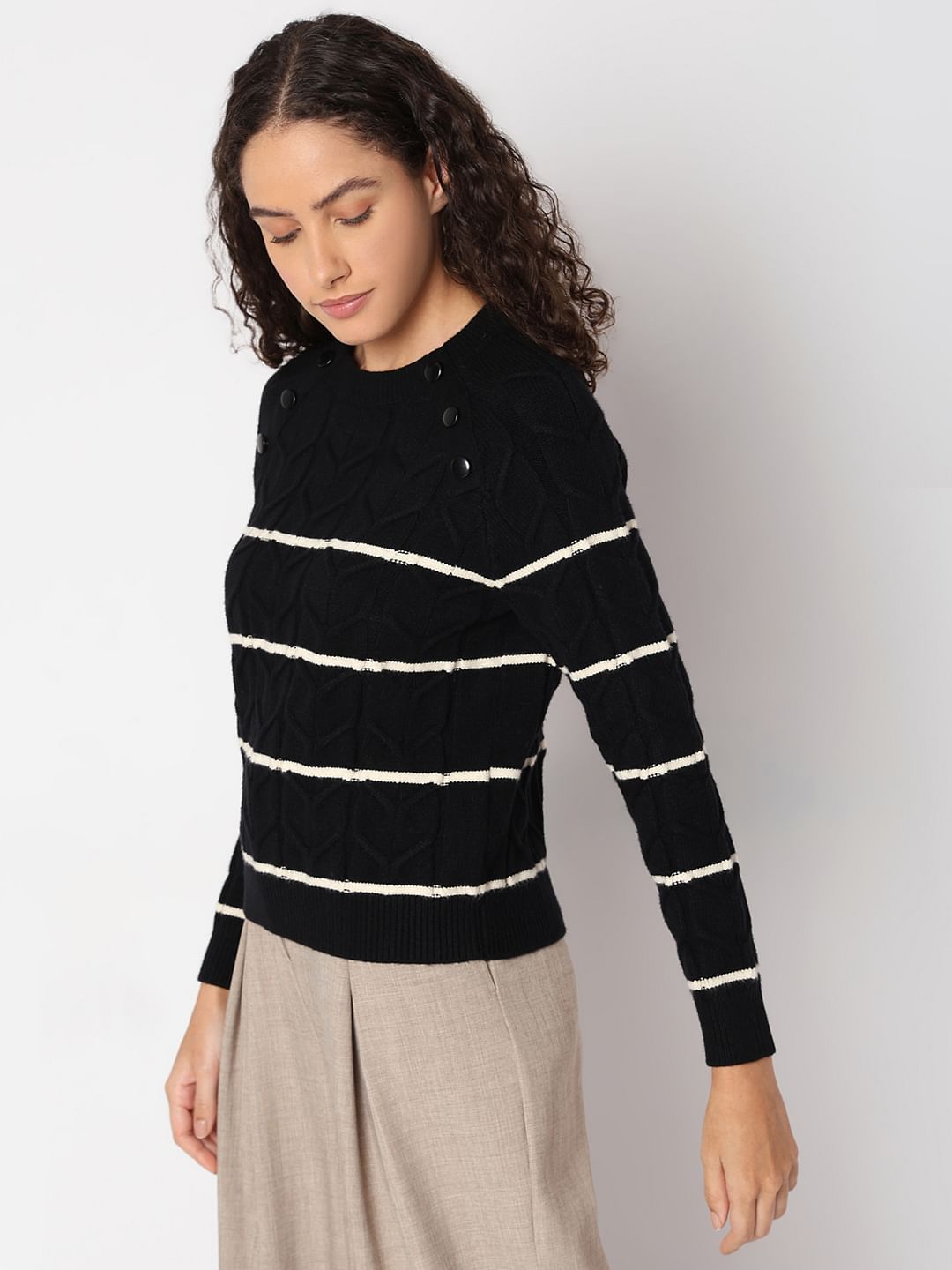 Black Raglan Striped Knitted Pullover