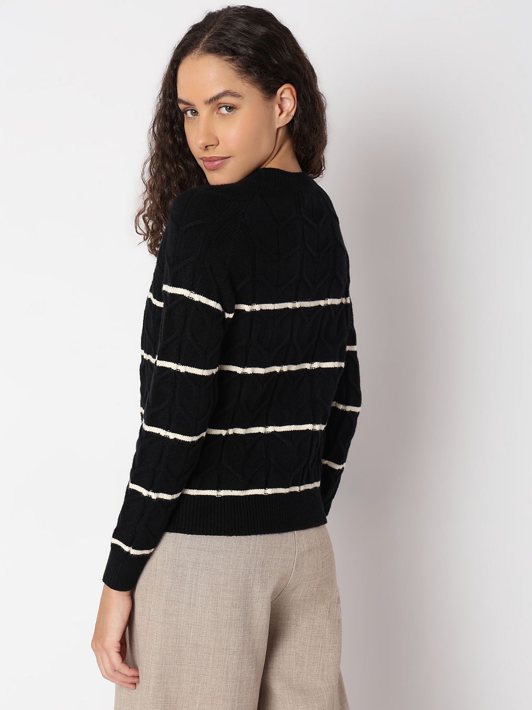 Black Raglan Striped Knitted Pullover