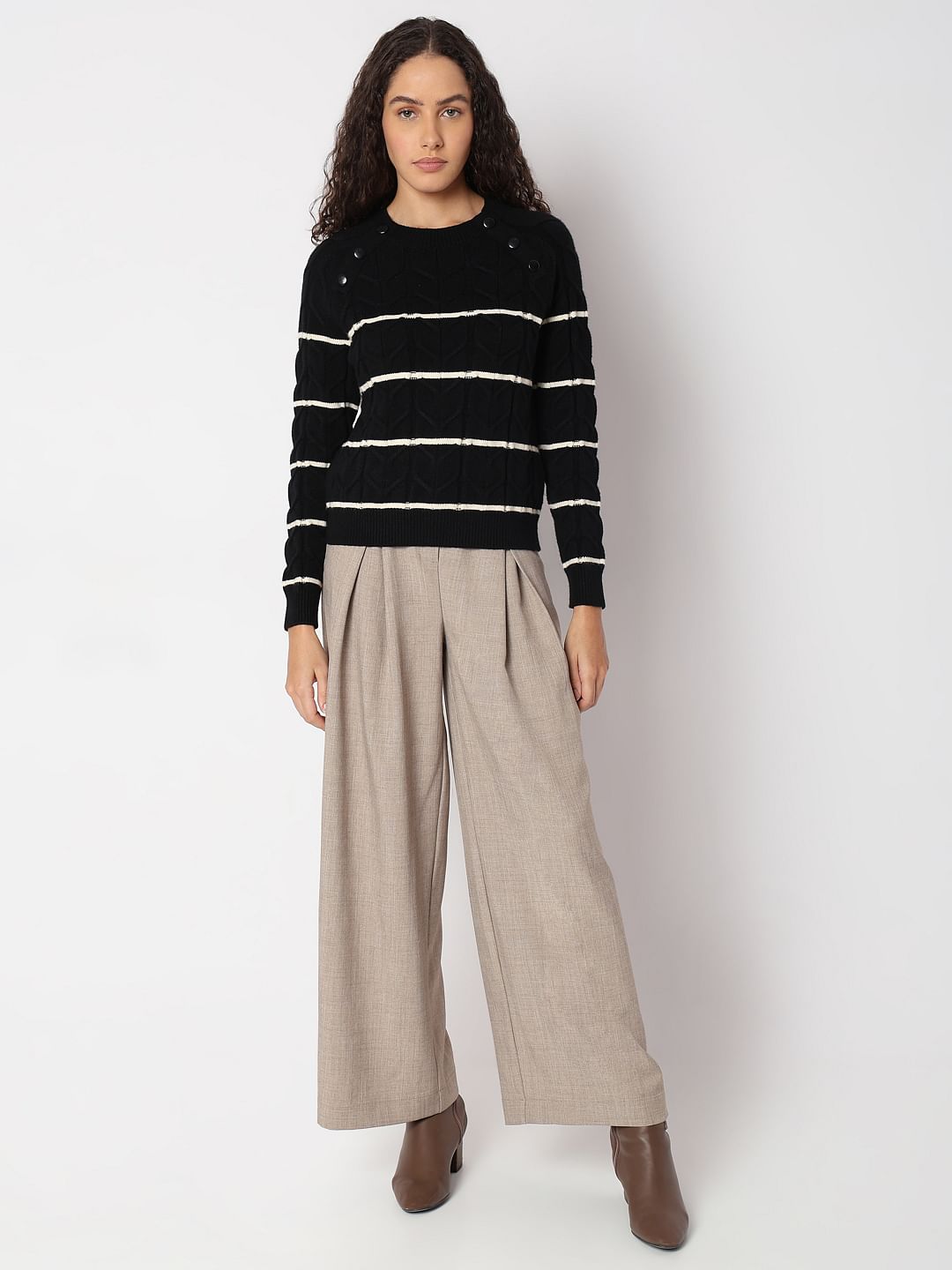 Black Raglan Striped Knitted Pullover