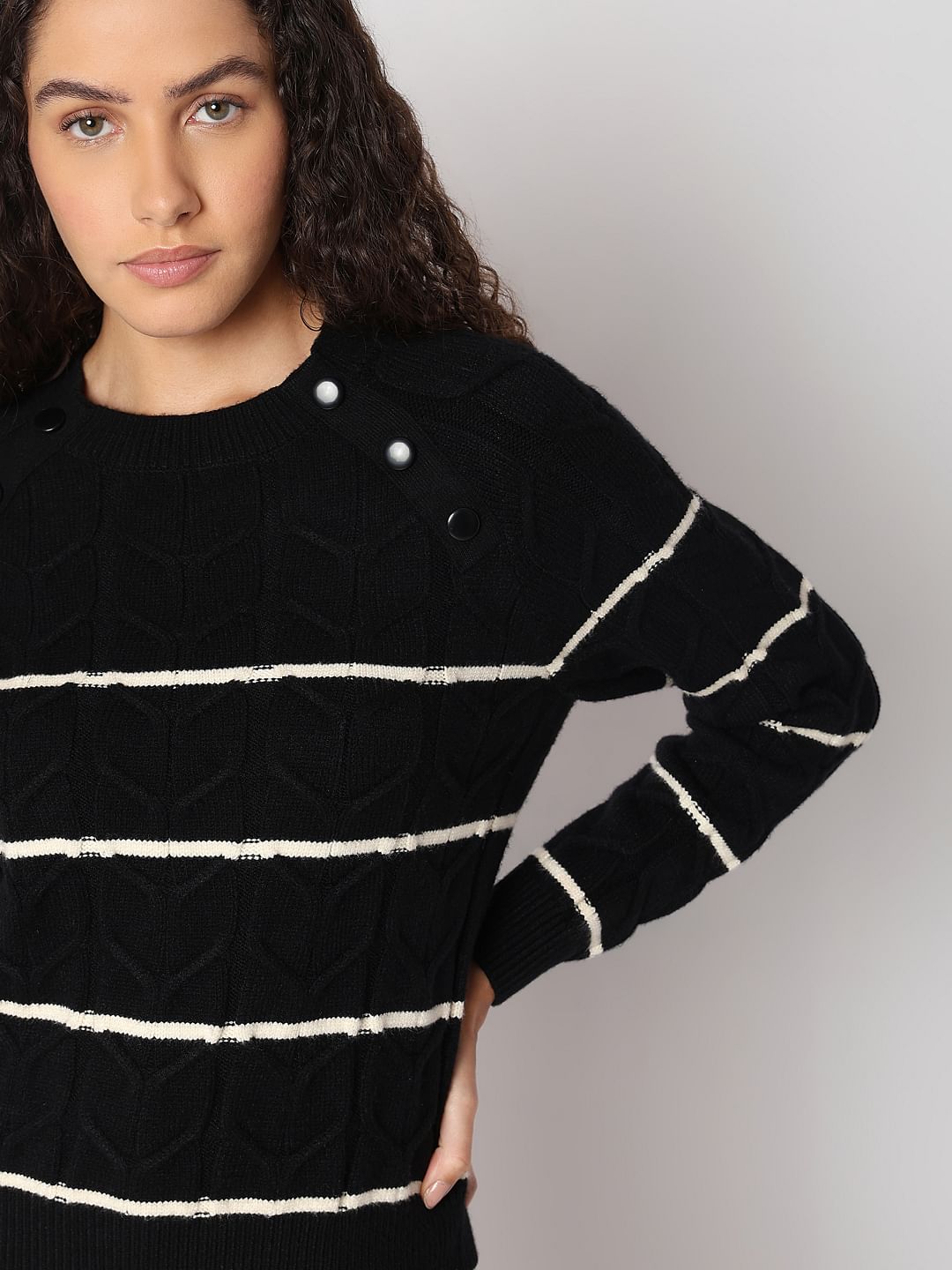 Black Raglan Striped Knitted Pullover