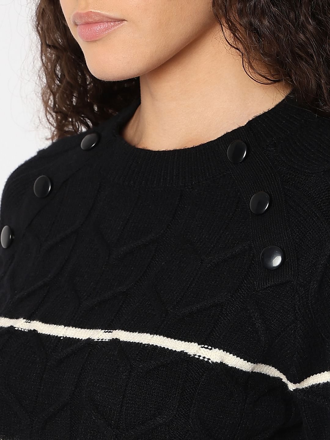 Black Raglan Striped Knitted Pullover