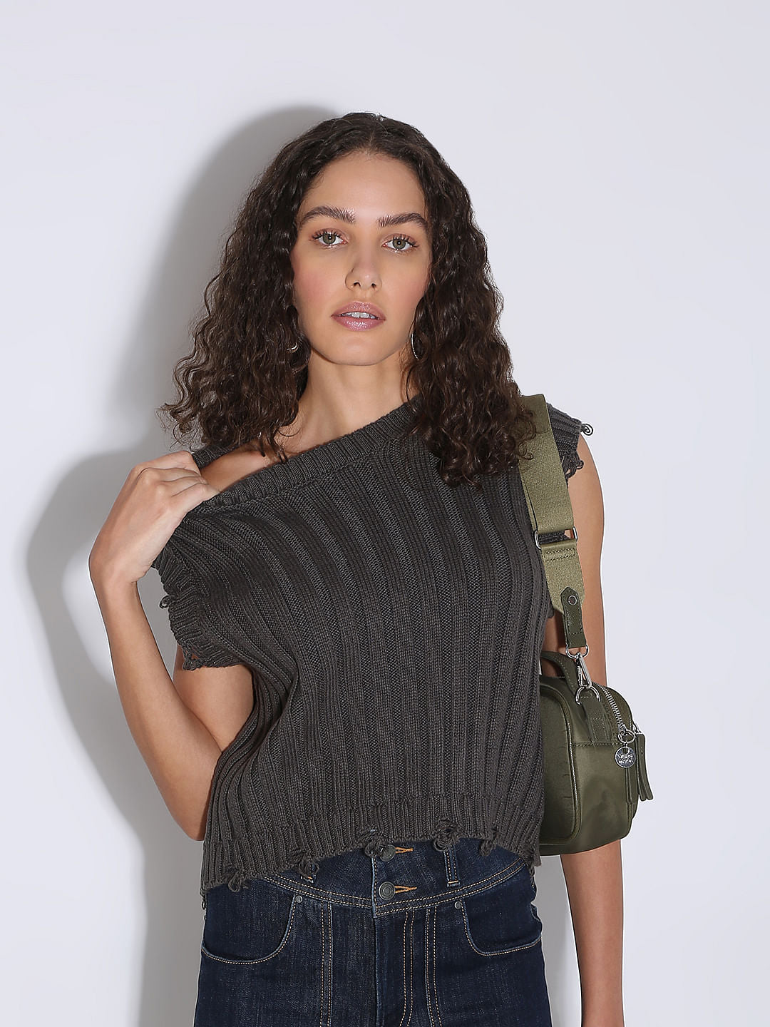 Dark Grey Self Textured Knitted Top
