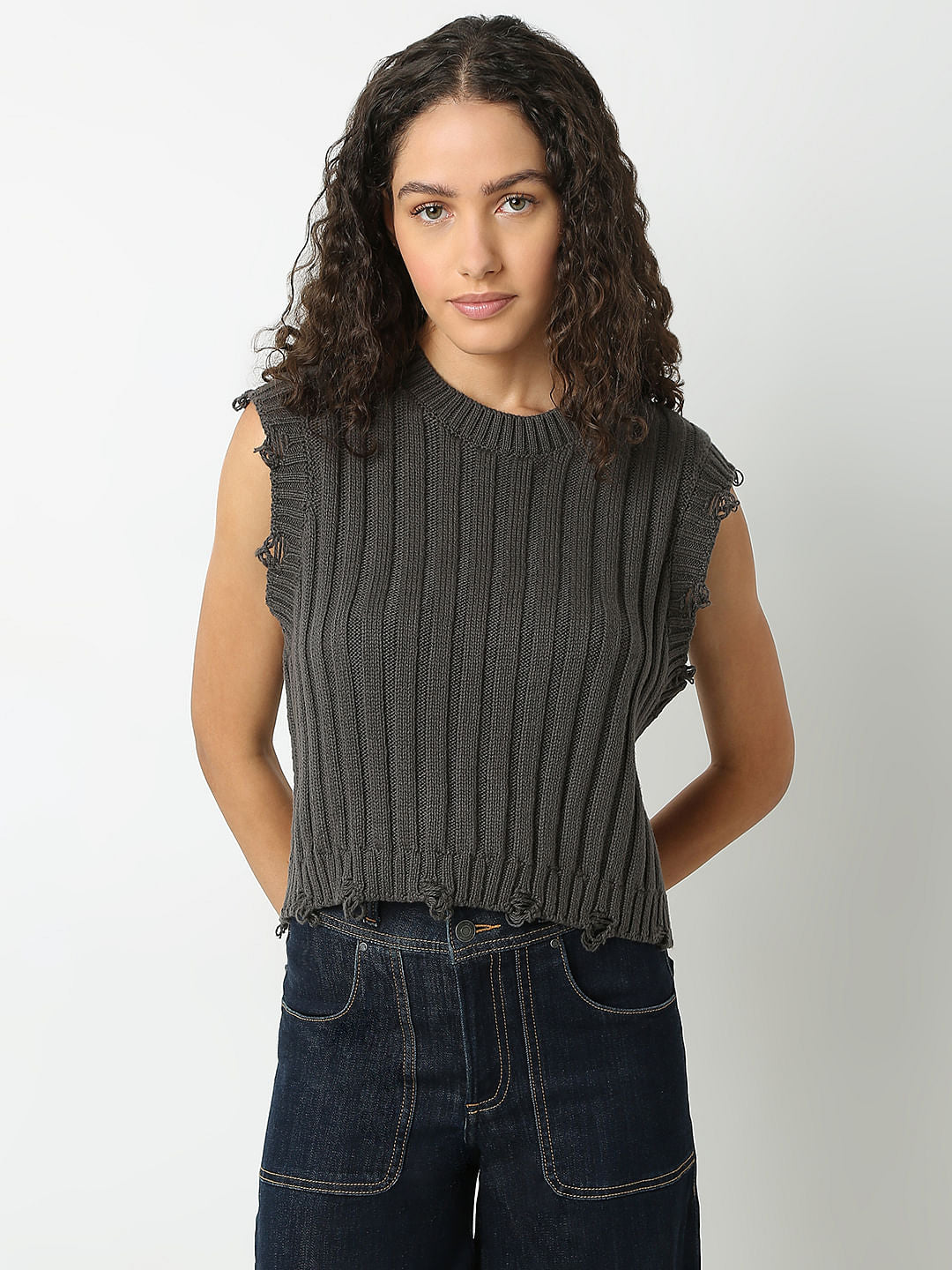 Dark Grey Self Textured Knitted Top