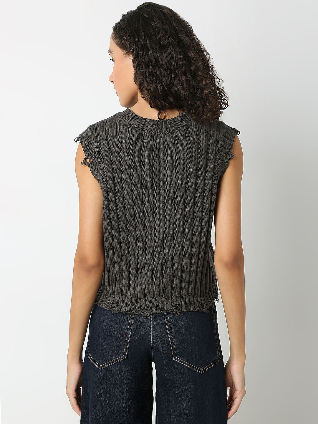 Dark Grey Self Textured Knitted Top