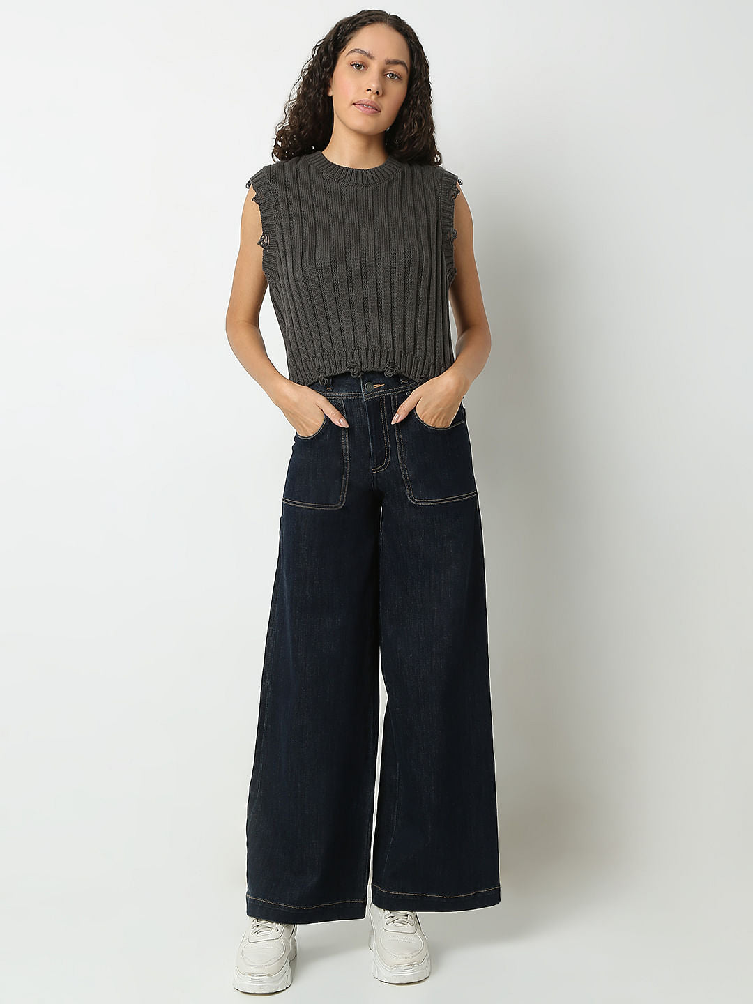 Dark Grey Self Textured Knitted Top