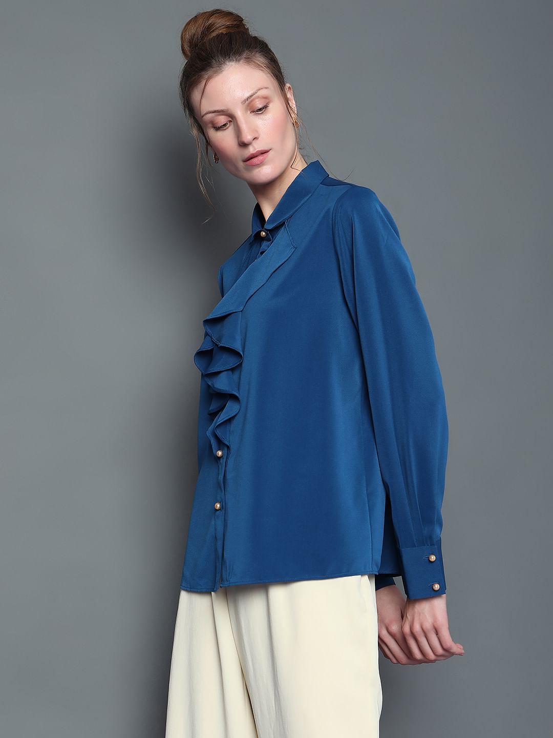 Blue Ruffle Detail Shirt