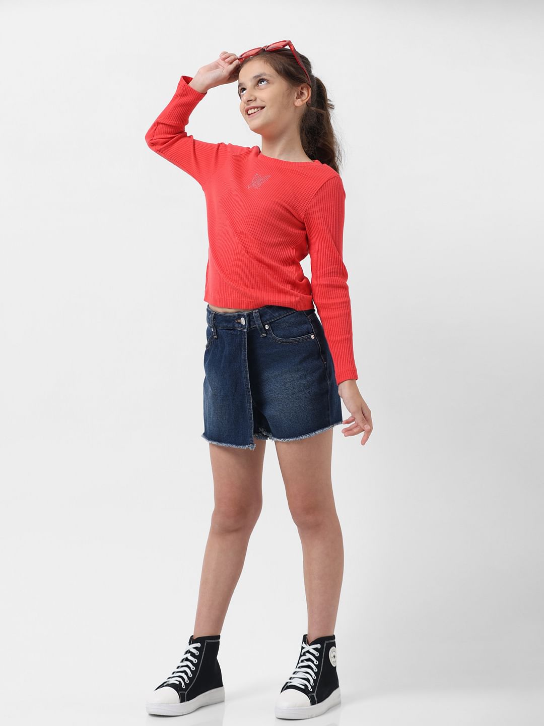 Girl Dark Blue Mid Rise Denim Skorts