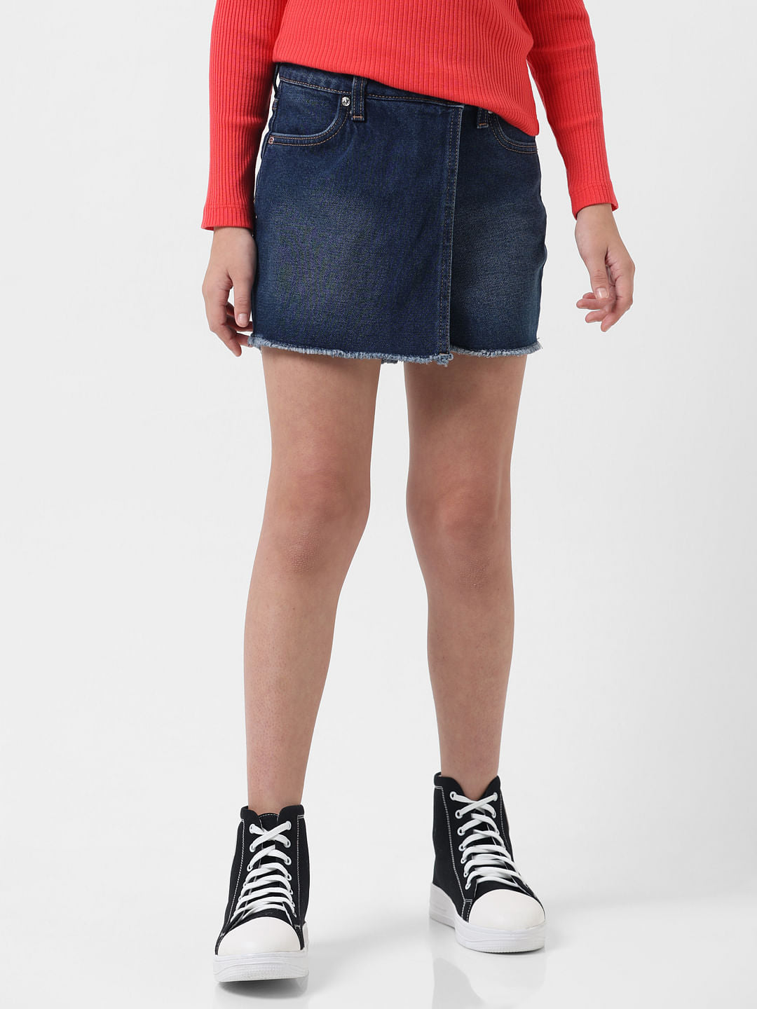 Girl Dark Blue Mid Rise Denim Skorts