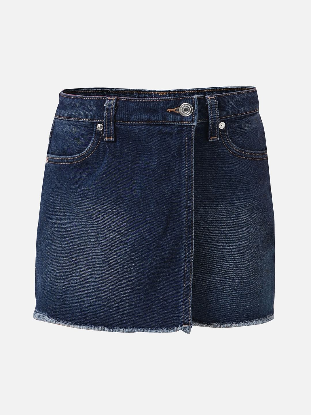 Girl Dark Blue Mid Rise Denim Skorts