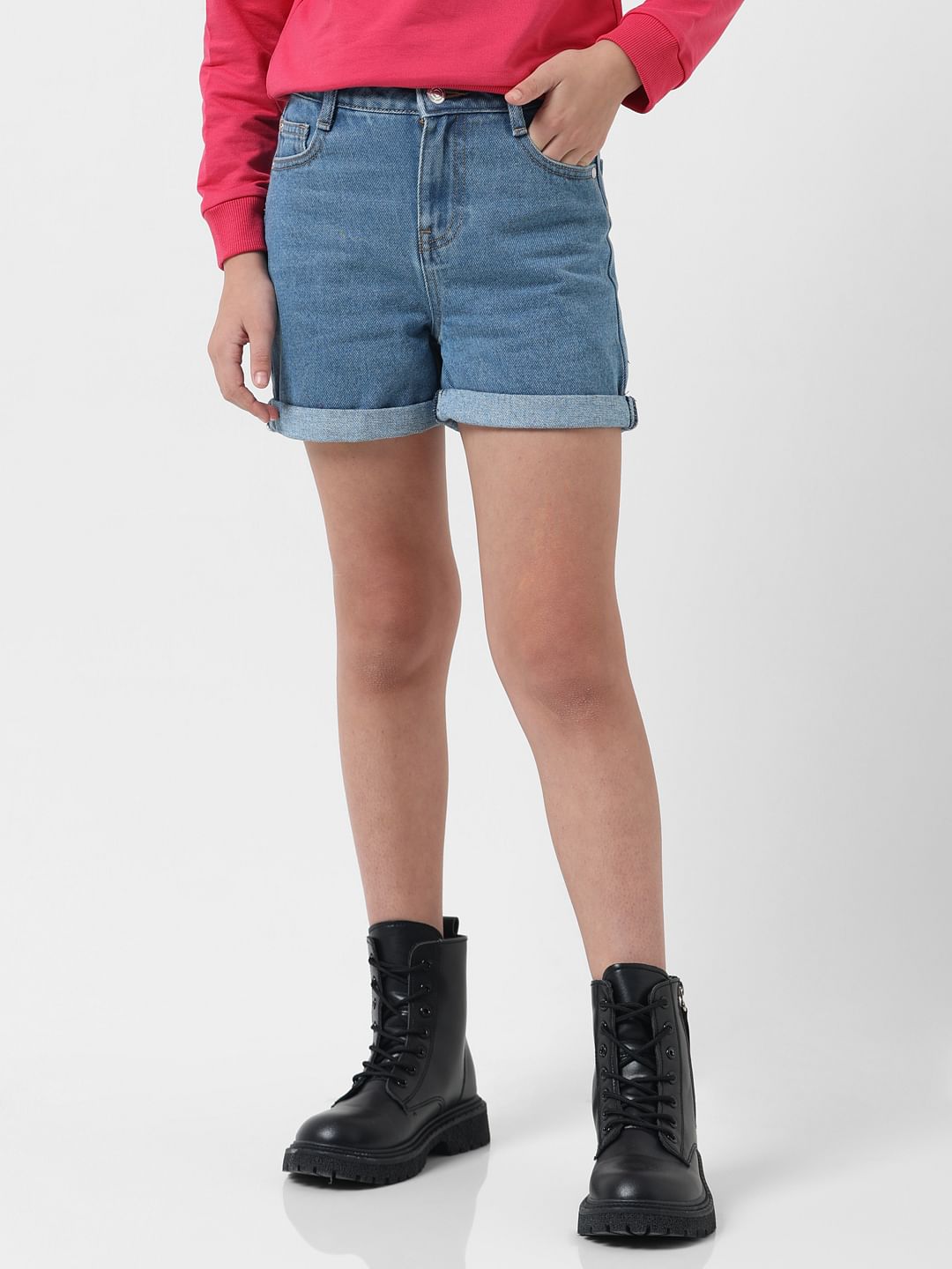 Girl Blue Mid Rise Denim Shorts