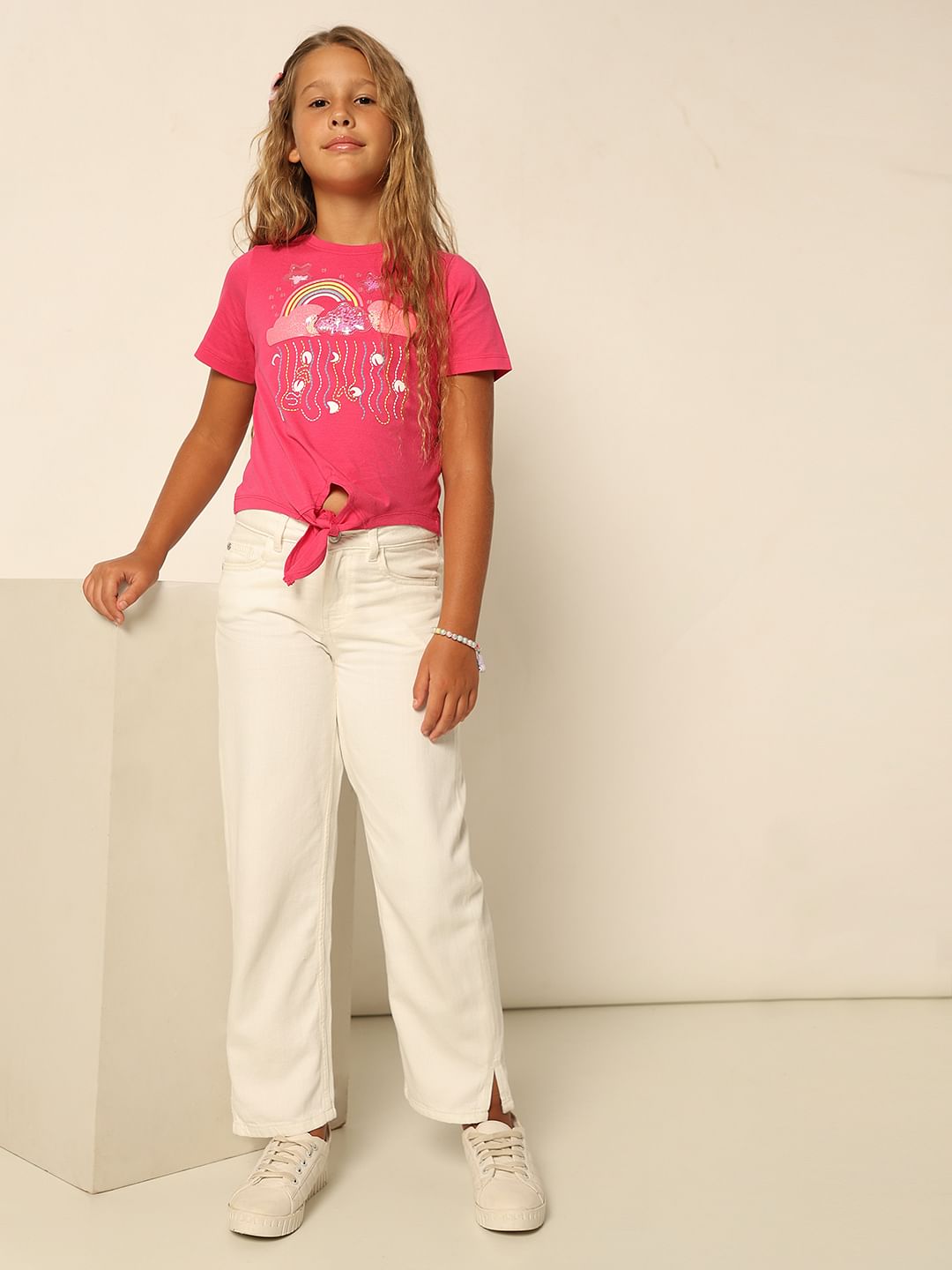 Girls White Wide Leg Jeans