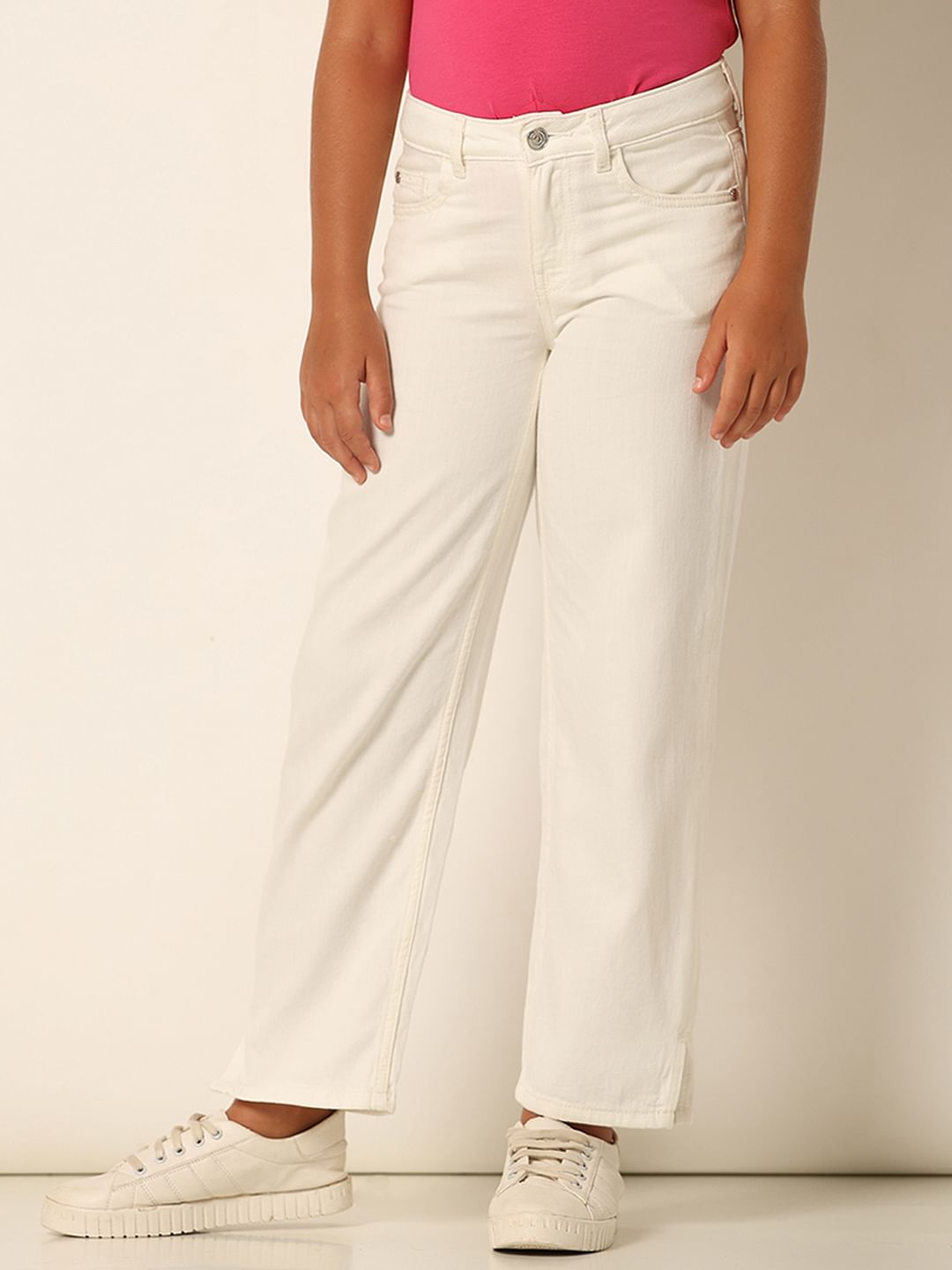 Girls White Wide Leg Jeans