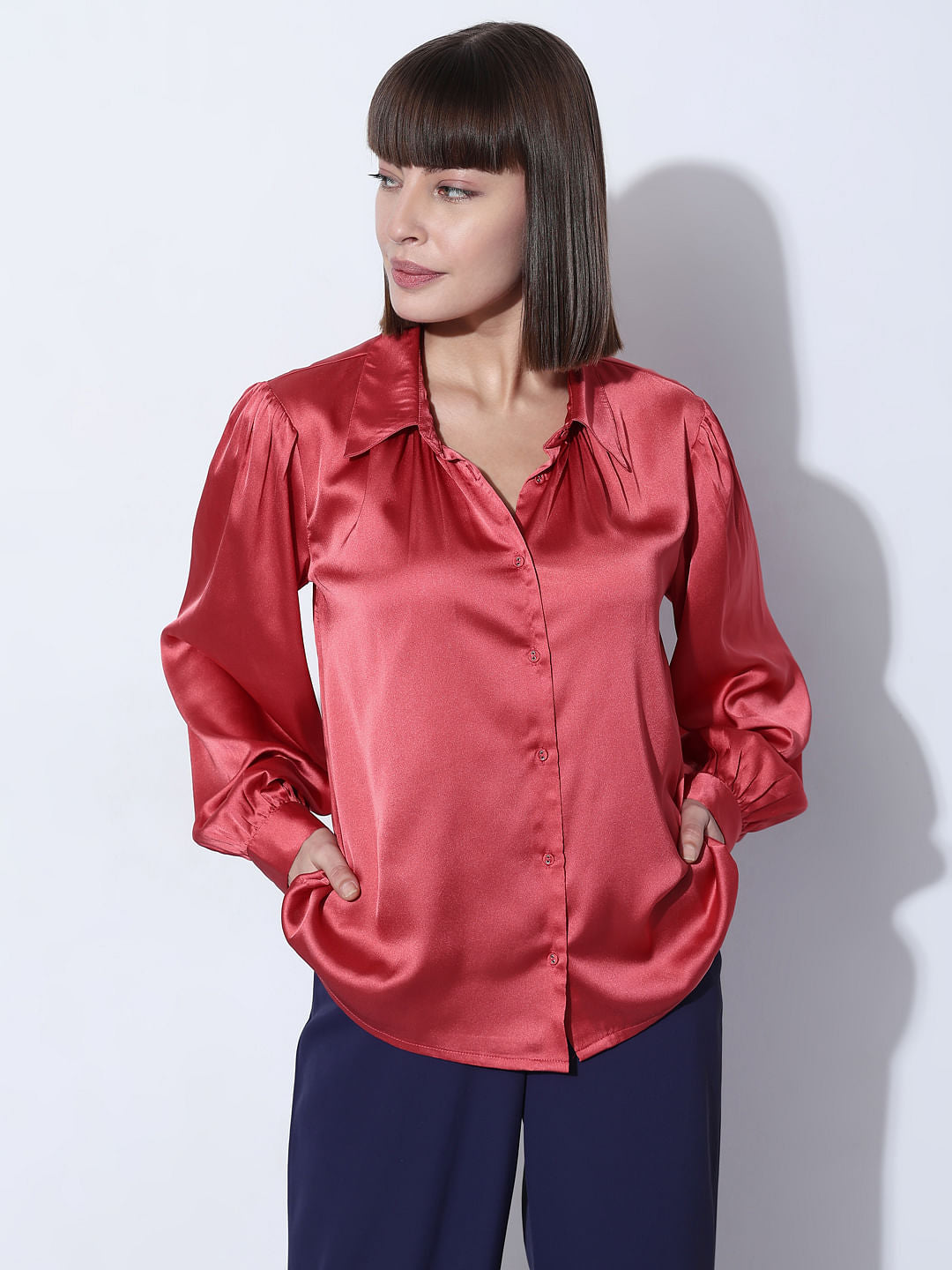 Pink Satin Full Sleeves Shirt