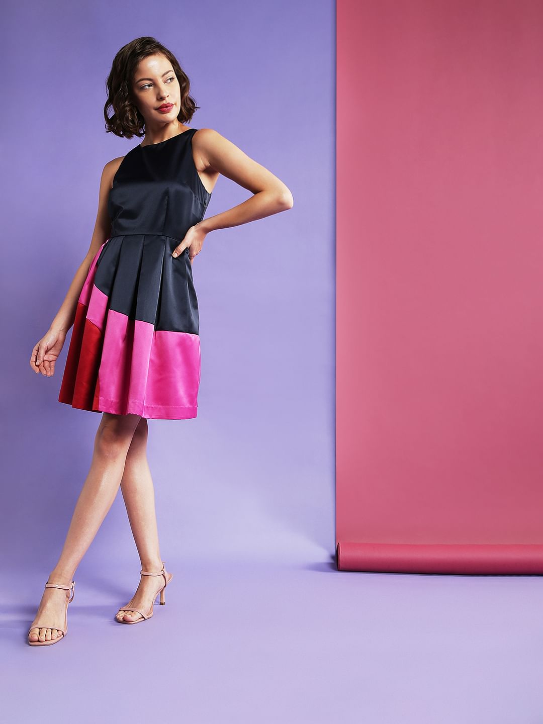 Marquee Blue Colourblocked Fit & Flare Dress