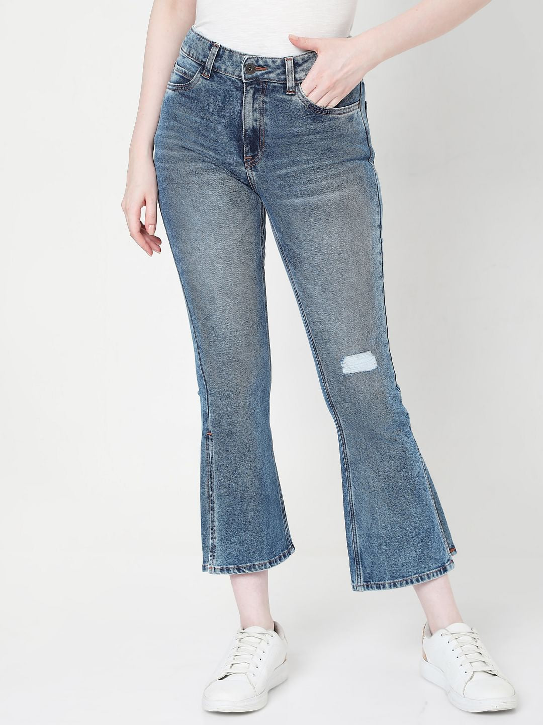 Blue High Rise Distressed Bootcut Jeans