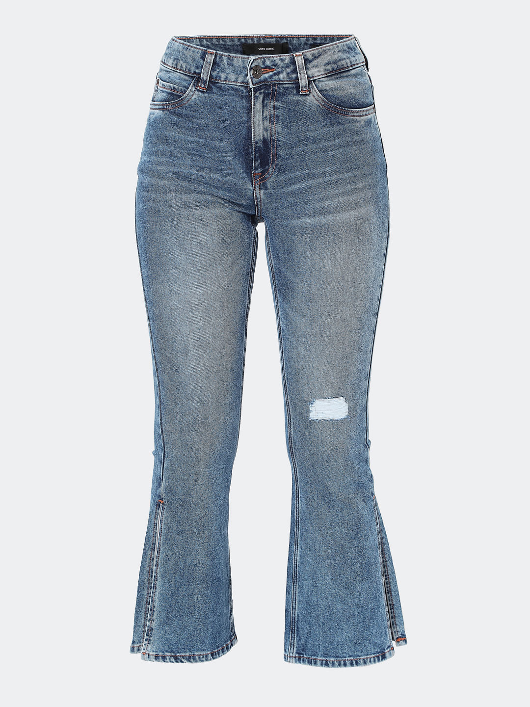 Blue High Rise Distressed Bootcut Jeans