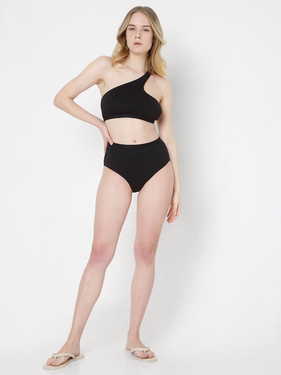 Black One Shoulder Co-Ord Set Swim Top