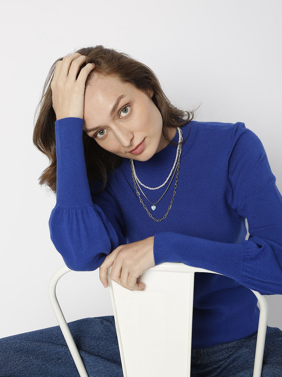 Blue Puff Sleeves Sweater