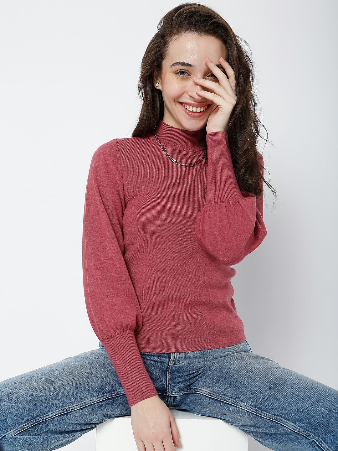 Red High Neck Puff Sleeves Top