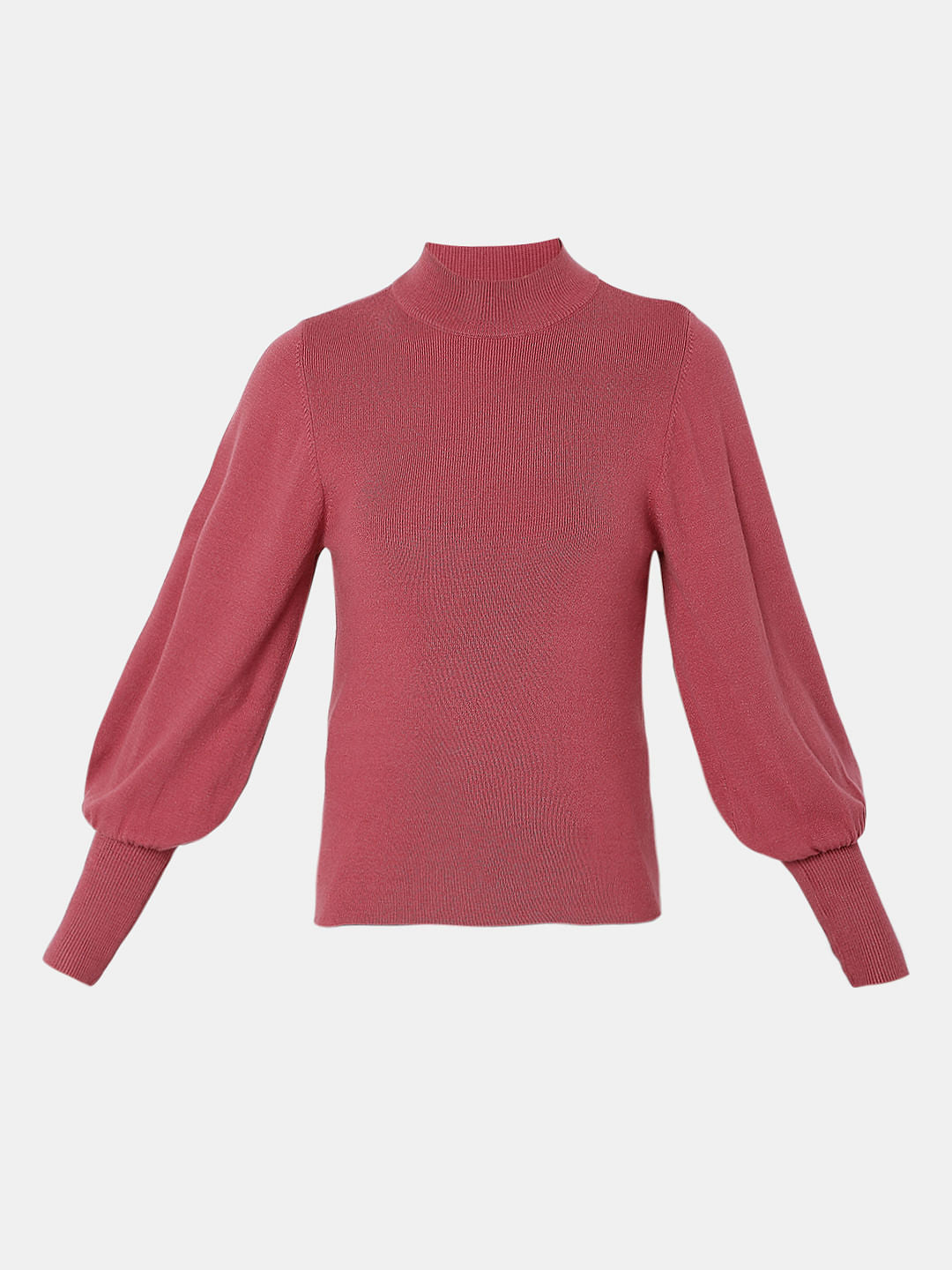 Red High Neck Puff Sleeves Top