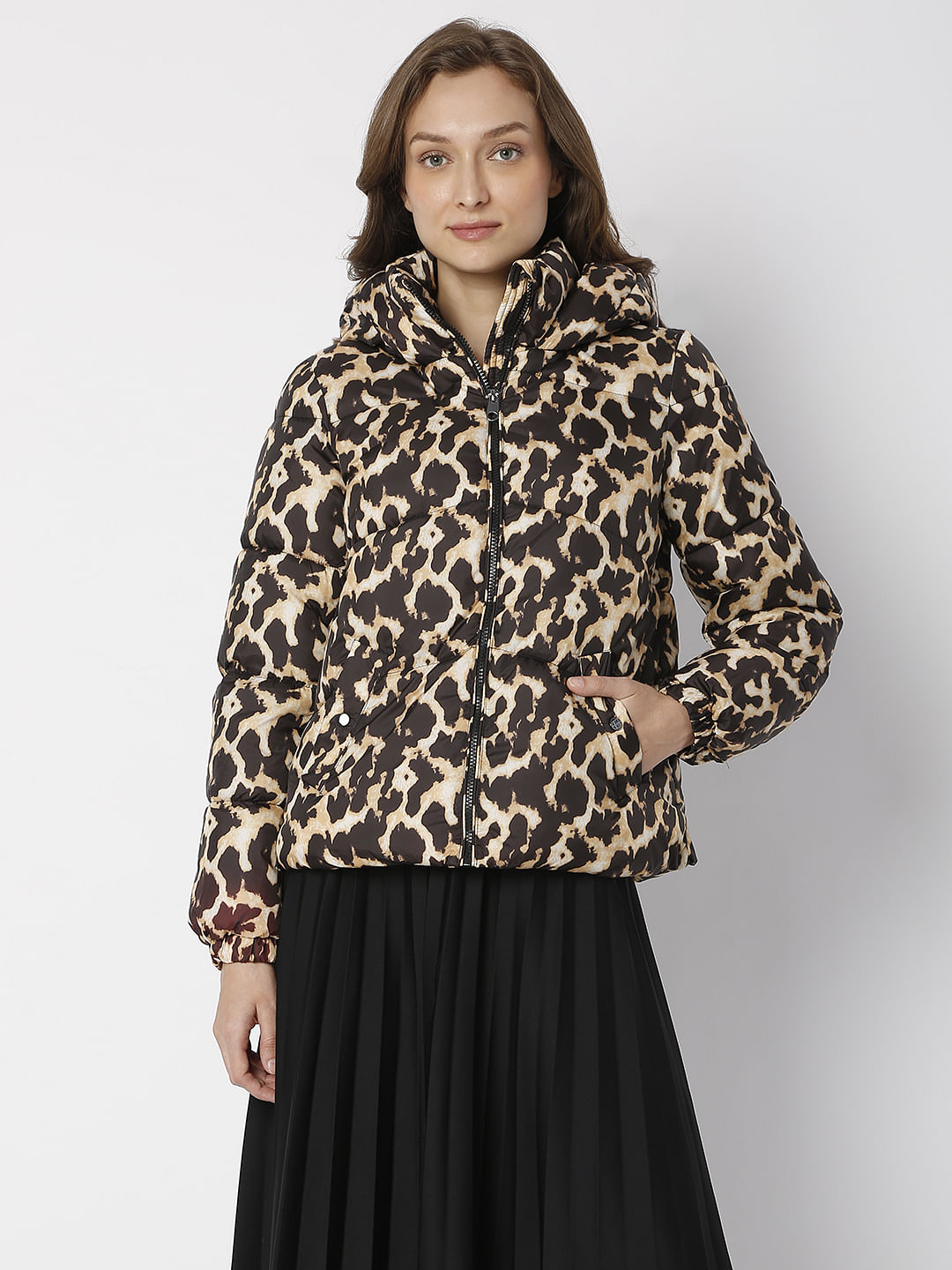 Brown Animal Print Puffer Jacket