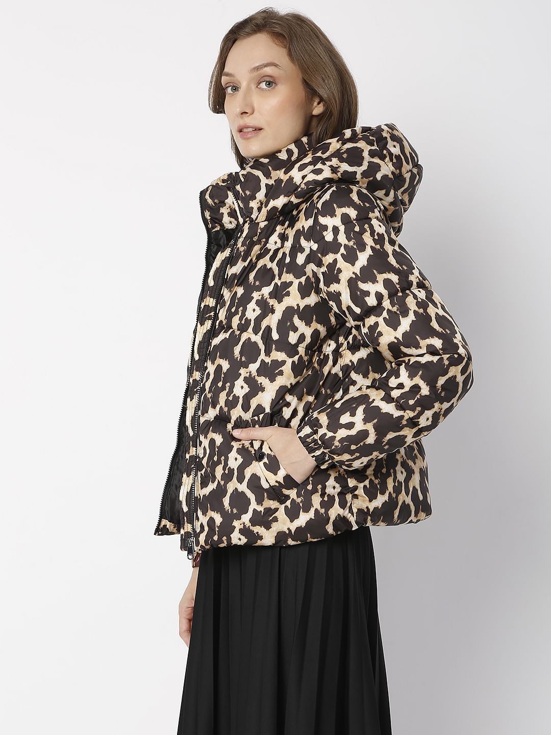Brown Animal Print Puffer Jacket