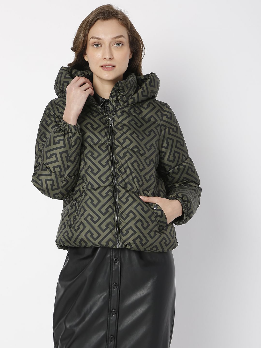 Green Geometric Print Puffer Jacket