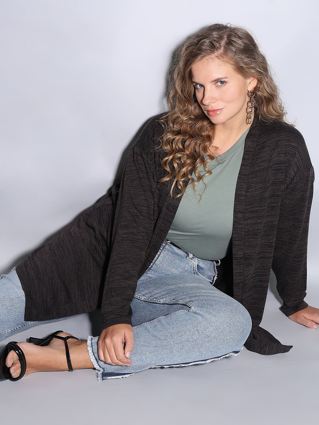 Curve Black Melange Front Open Cardigan