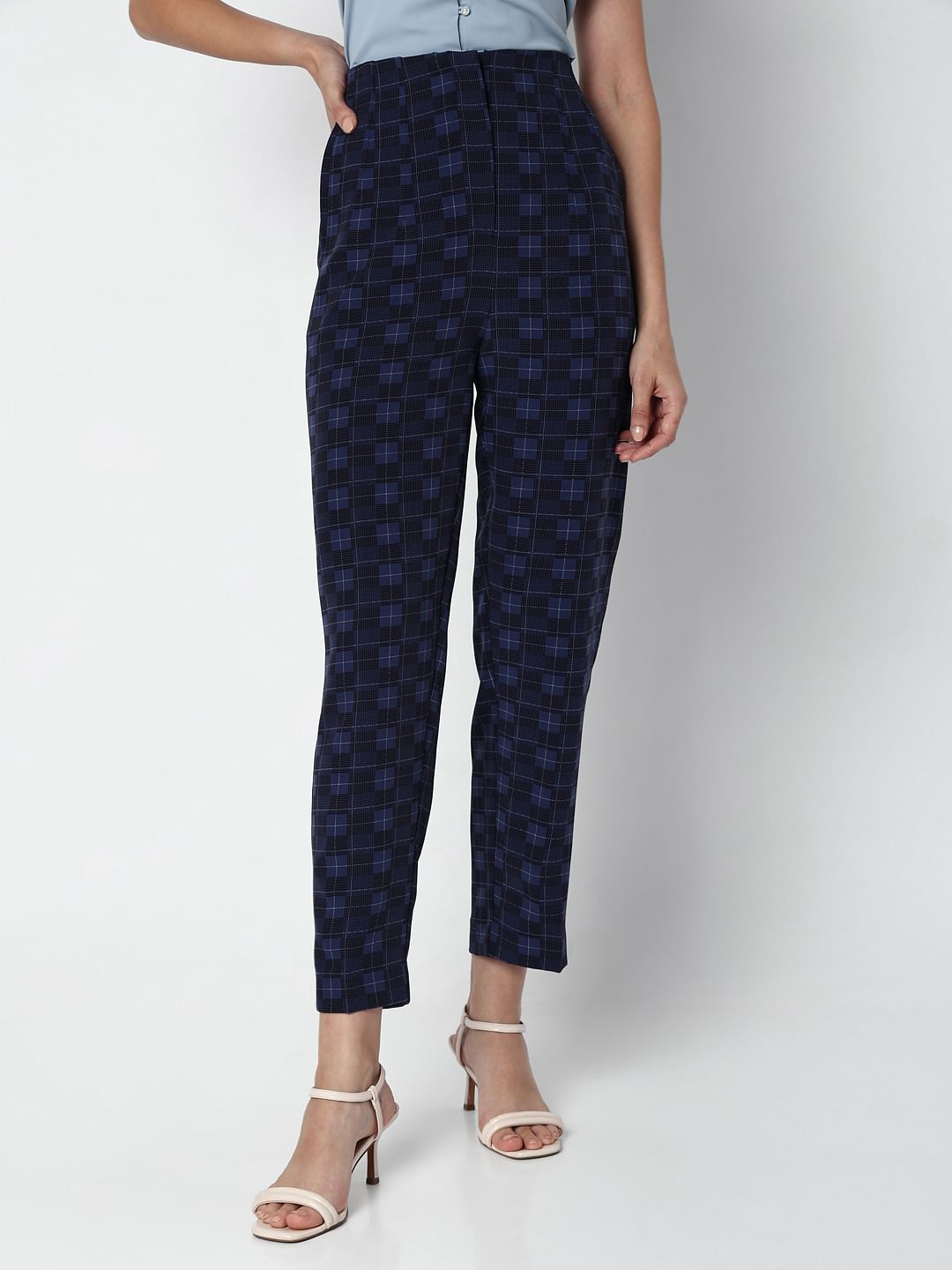 Navy Blue High Rise Check Pants