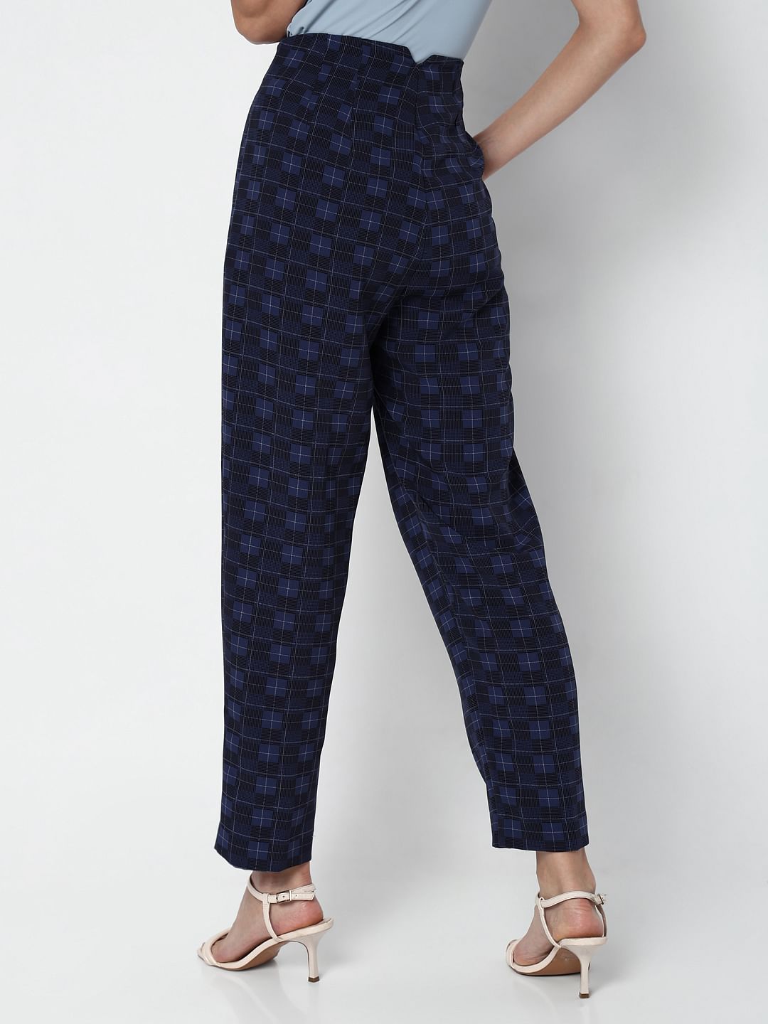 Navy Blue High Rise Check Pants