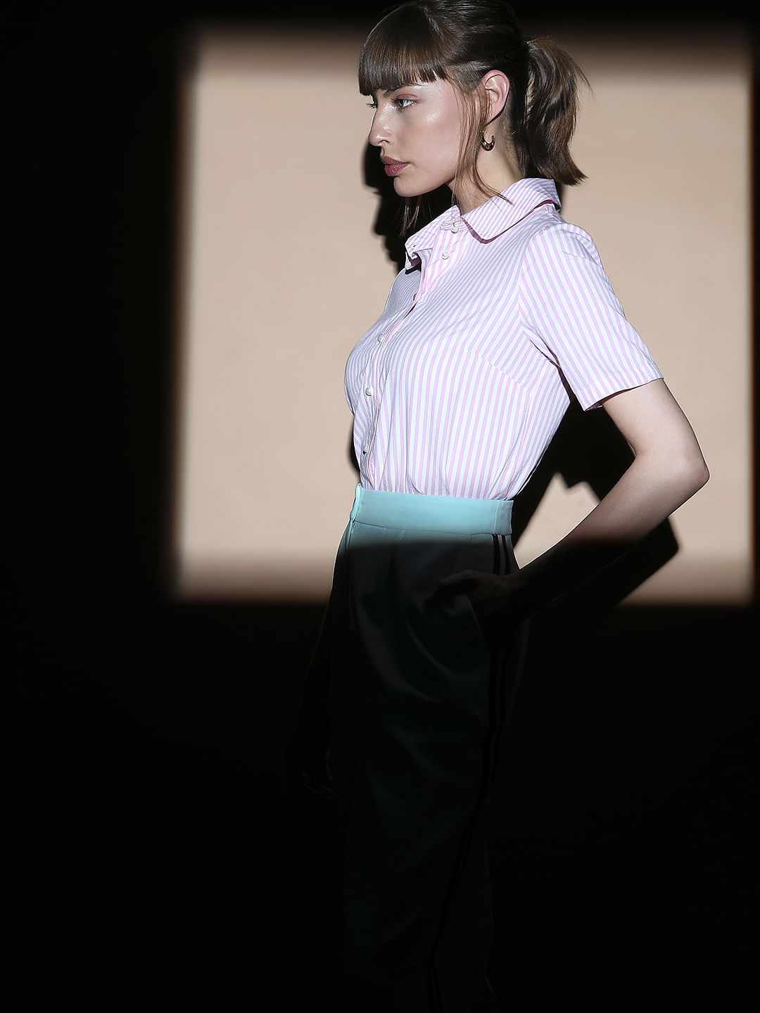 Pink Striped Short Sleeves Shirt