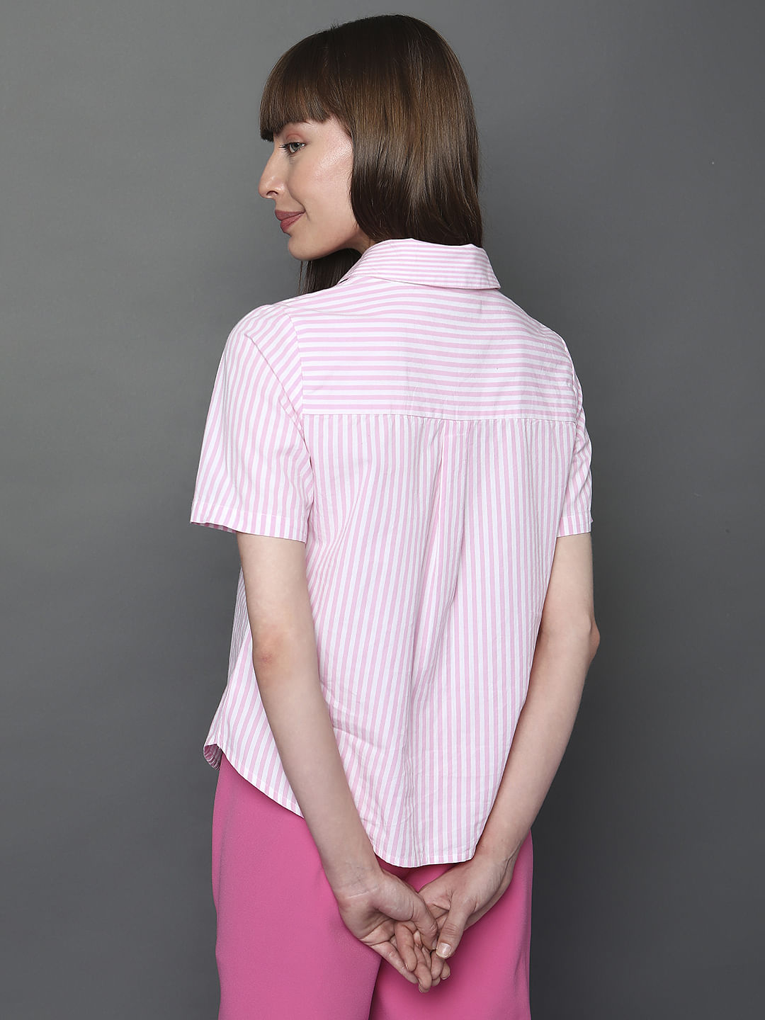 Pink Striped Short Sleeves Shirt