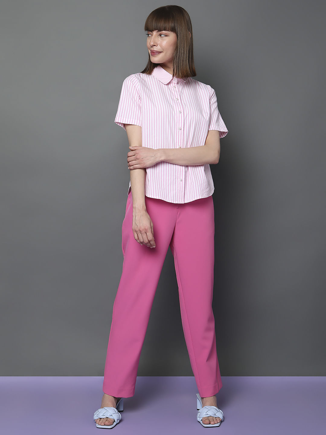 Pink Striped Short Sleeves Shirt