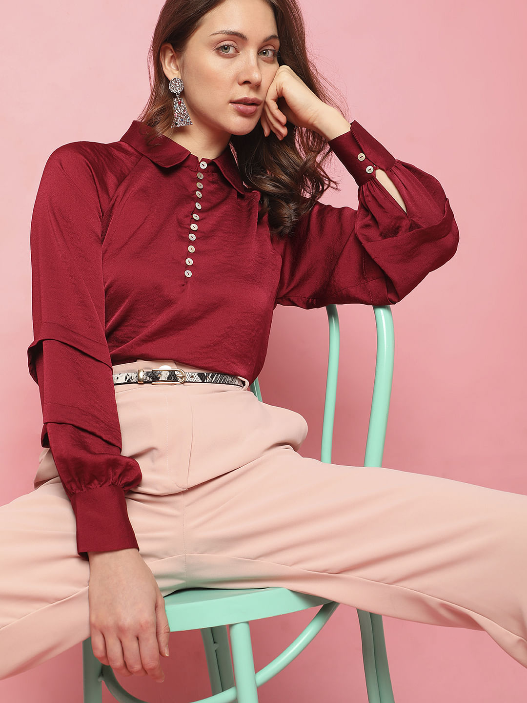 Maroon Pleated Sleeves Shirt