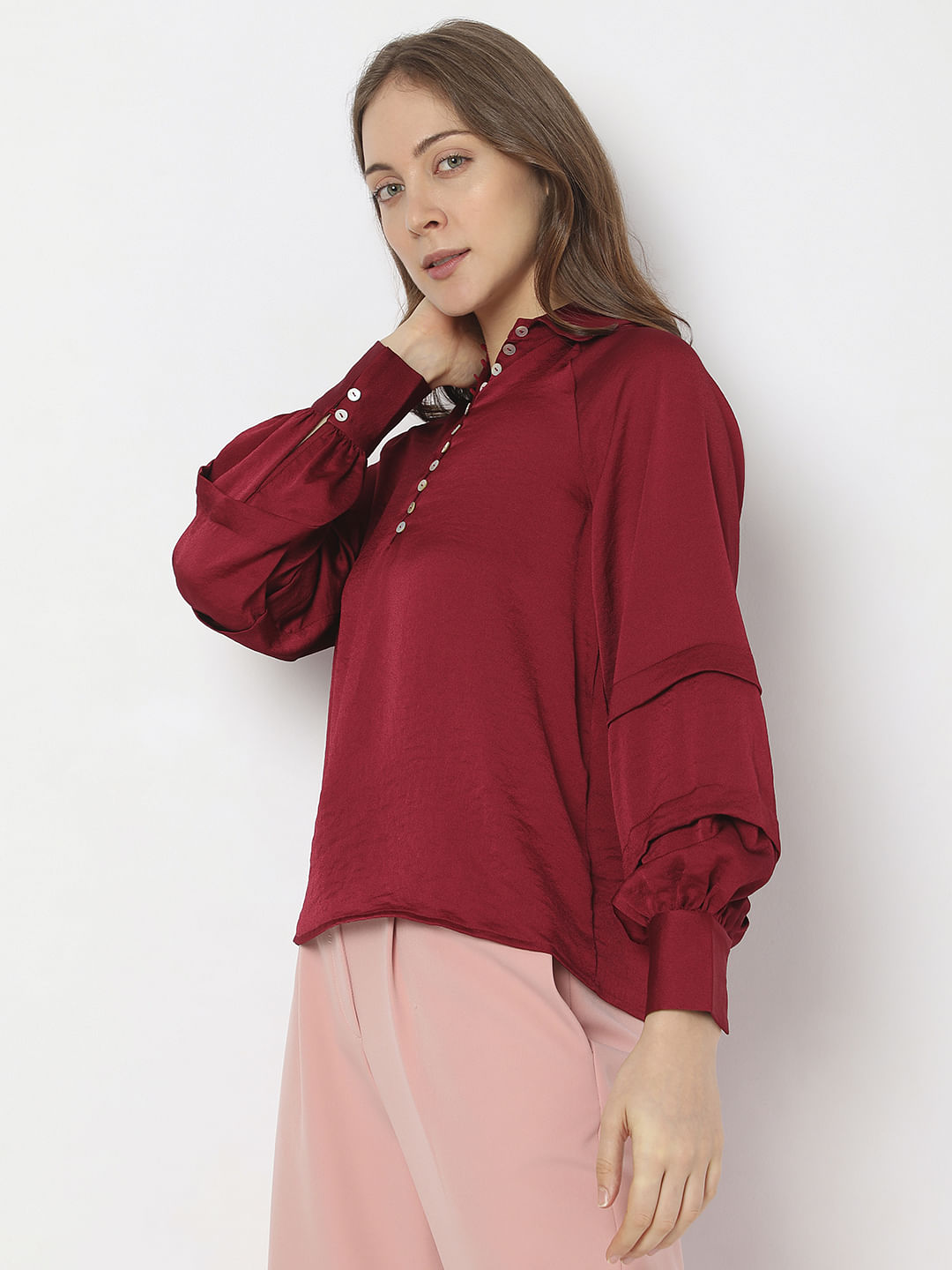 Maroon Pleated Sleeves Shirt
