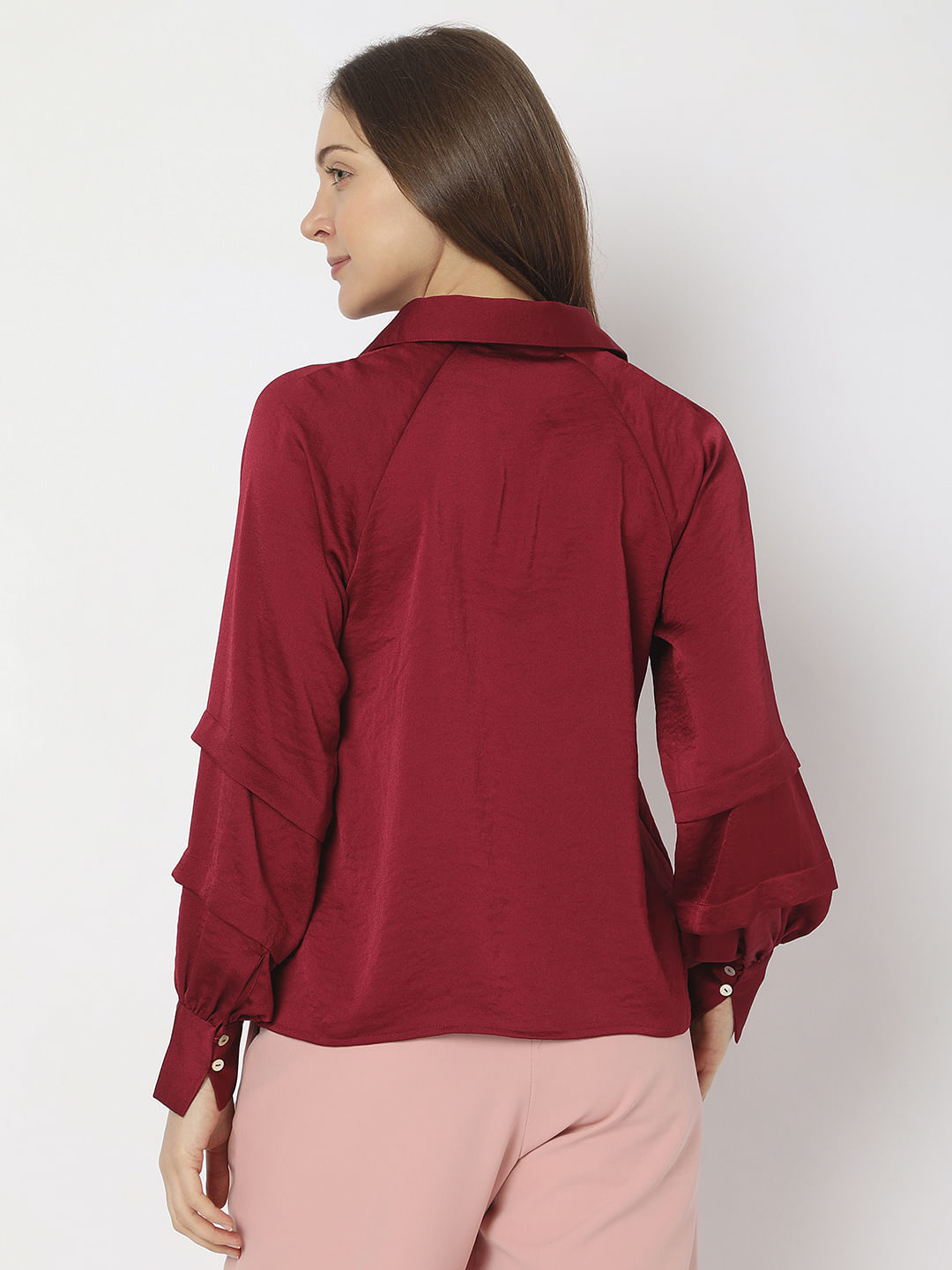 Maroon Pleated Sleeves Shirt