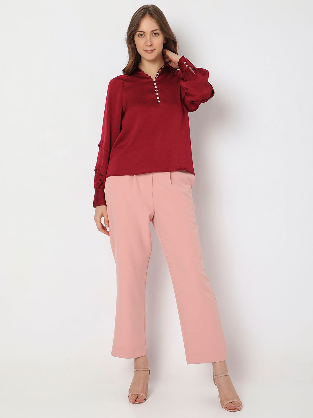 Maroon Pleated Sleeves Shirt